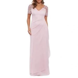 XSCAPE Lana Long V-Neck Beaded Flutter Sleeve Gown Rose Pink Size 18 NWT